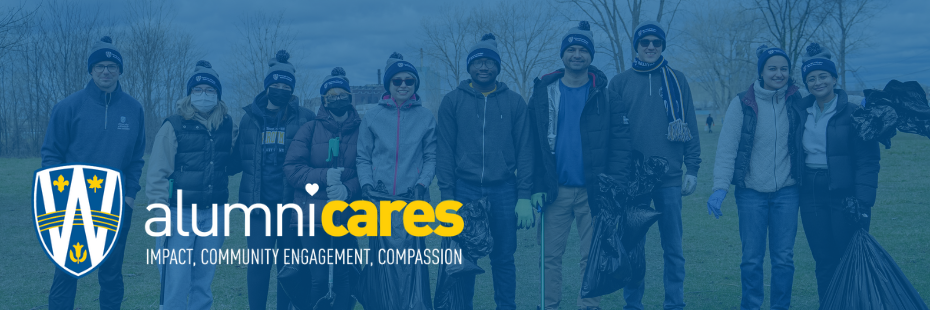 Alumni Cares Logo on header image of volunteers