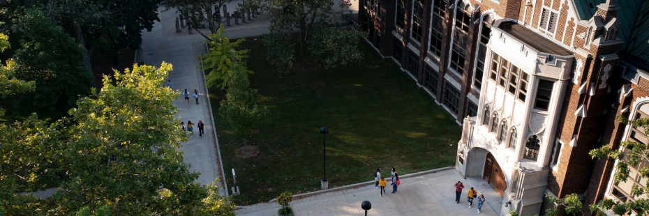 view from above of Dillon hall, students walking