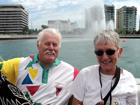 Patsy Paxton and husband Alan enjoy a boat ride on the Detroit River. Windsor’s Peace Fountain is in the background.