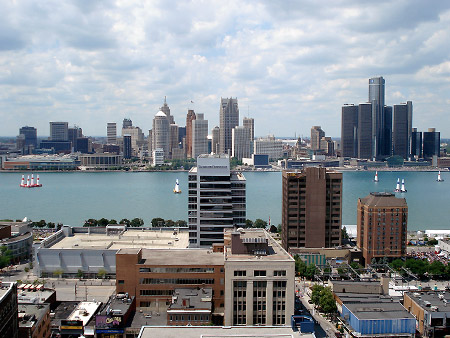 The Windsor and Detroit skyline as seen from the roof top patio of a Windsor condominium.