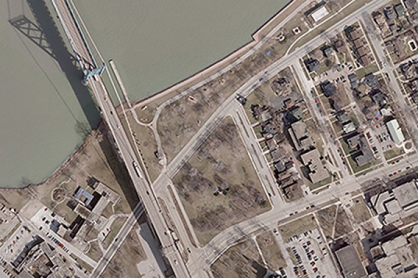 aerial image of UWindsor campus and Ambassador Bridge