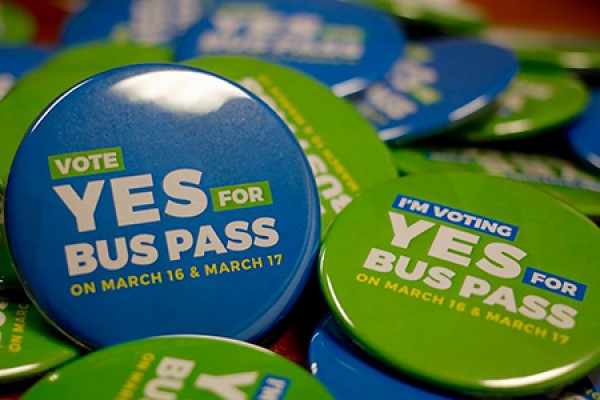 Buttons bearing slogans &quot;Yes to U-Pass&quot;