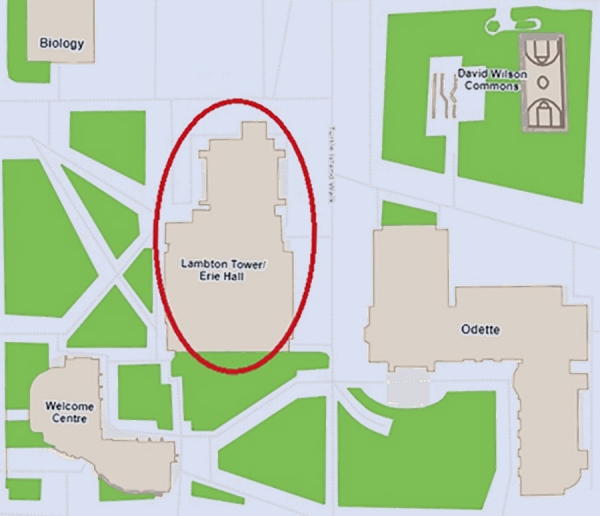 map highlighting Erie Hall