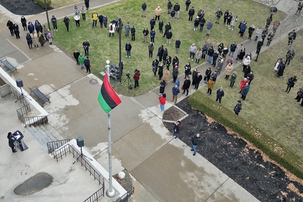 flag flapping over crowd