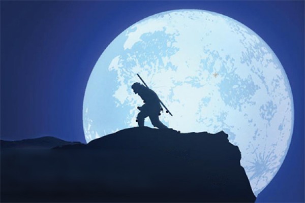 poster image - man silhouetted crouching against full moon