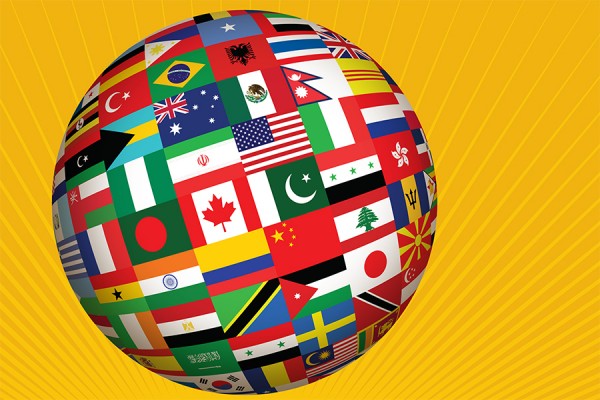 Celebration of Nations logo -- globe composed of flags