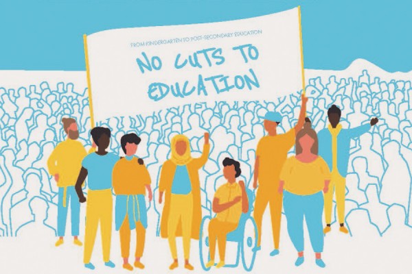 graphic of students marching under banner &quot;No cuts to education&quot;
