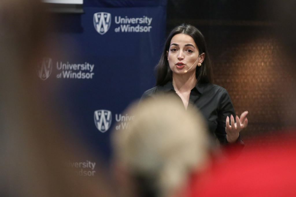 Ingrid Qemo, biological sciences doctoral student, presents during the Three Minute Thesis competition at the University of Windsor on March 26, 2018.