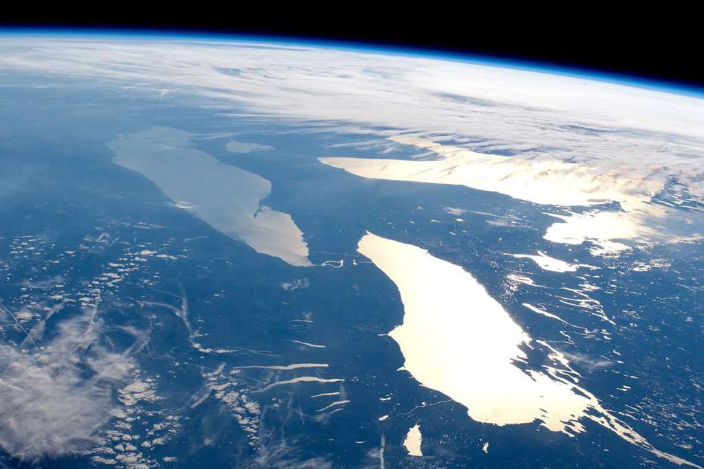 The Great Lakes are pictured at sunset in this 2012 NASA satellite image.
