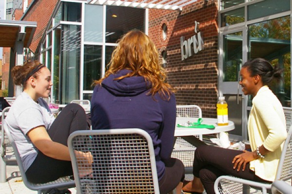 Students sitting outside Bru
