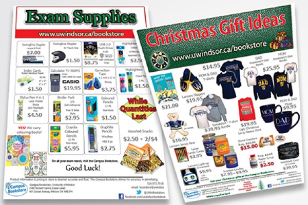 Flyers advertising savings on exam supplies and gift ideas.