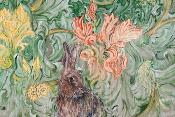 Iris with Hare, an oil painting on linen by Susan Gold Smith.