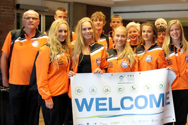 The team from Joure, Netherlands, checks in on arrival at Vanier Hall on Wednesday.