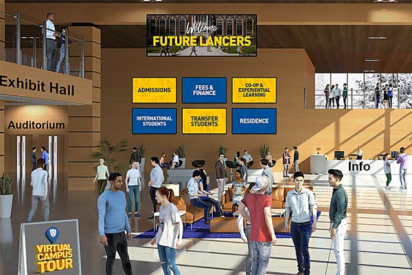 screen grab of Applicant Day lobby, indicating info desk and virtual auditorium