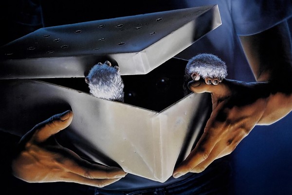 image from movie poster Gremlins: hands holding gift-wrapped box with paws emerging from under lid