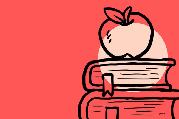 cartoon pile of books topped with apple