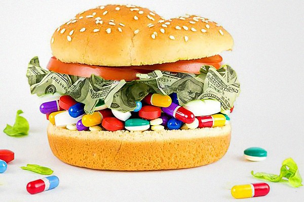 poster image of hamburger filed with pills