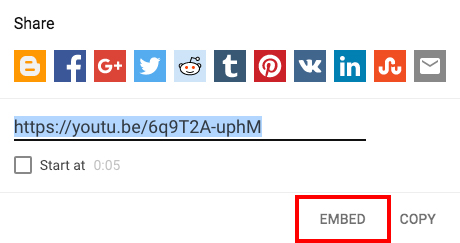 YouTube Share window showing the embed button