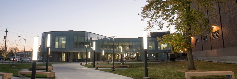 Welcome Centre exterior at dusk