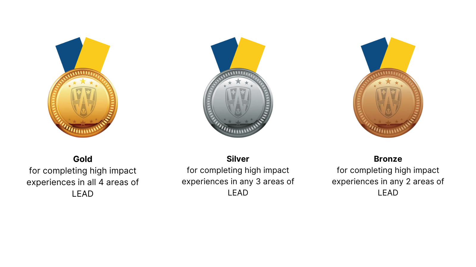 LEAD Scholars Description (Gold for completing high impact experiences in all 4 areas of LEAD; Silver for completing high impact experiences in 3 areas of LEAD; Bronze for completing high impact experiences in 2 areas of LEAD)