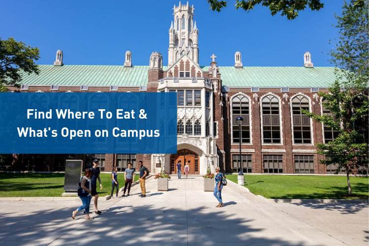 Find Where To Eat &  What's Open on Campus (Students walking in front of Dillion Hall)