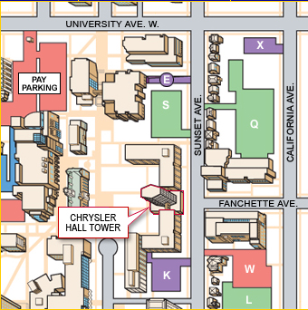 Top-view of University map highlighting Chrysler Tower