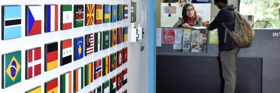 Students at the desk of the international student centre