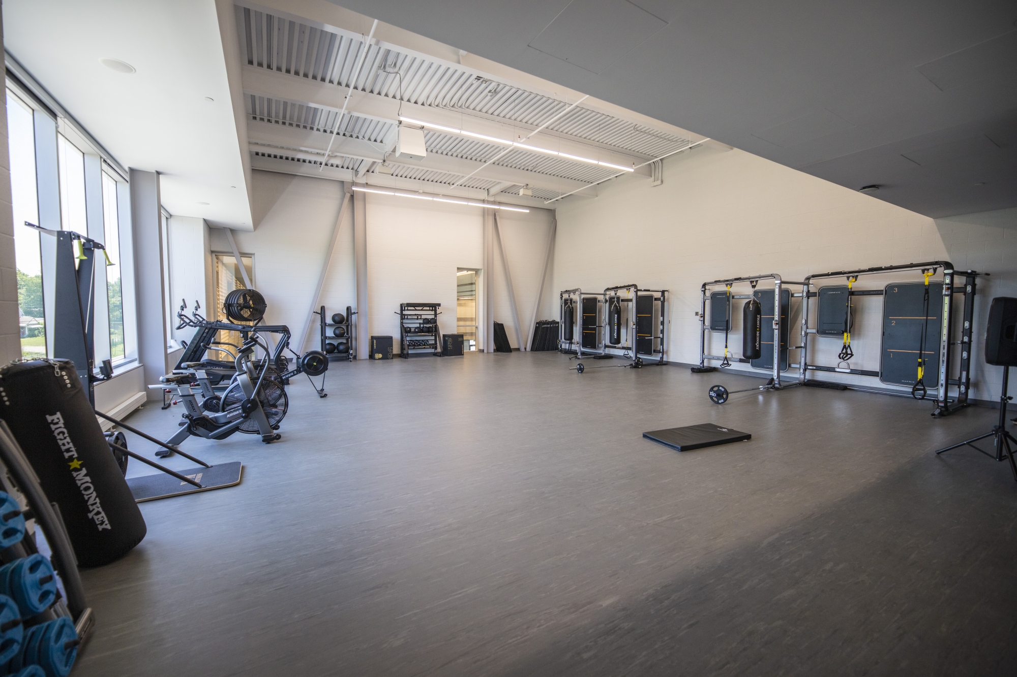 Room filled with various fitness equipment from TRX, treadmills and weights 