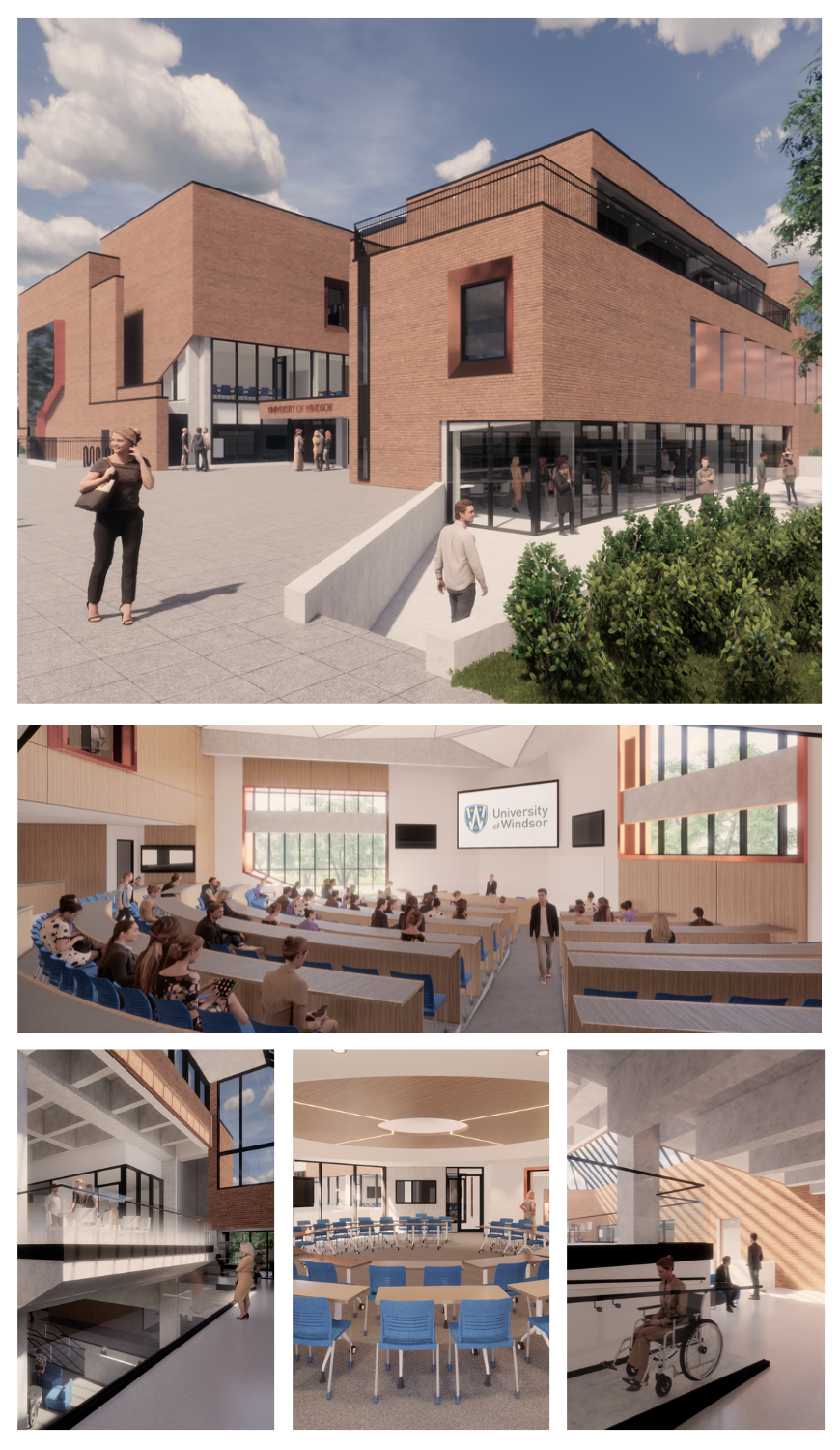 Rendering of the exterior and inside of the new Windsor Law building