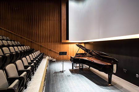 The new Performance Hall stage with 9 foot grand piano