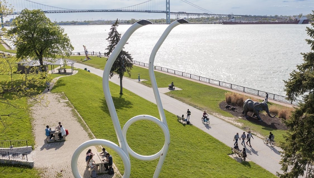 View of Windsor riverfront with people walking