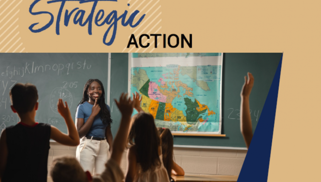 cover of education strat plan with text Strategic action and photo of teacher candidate in front of students