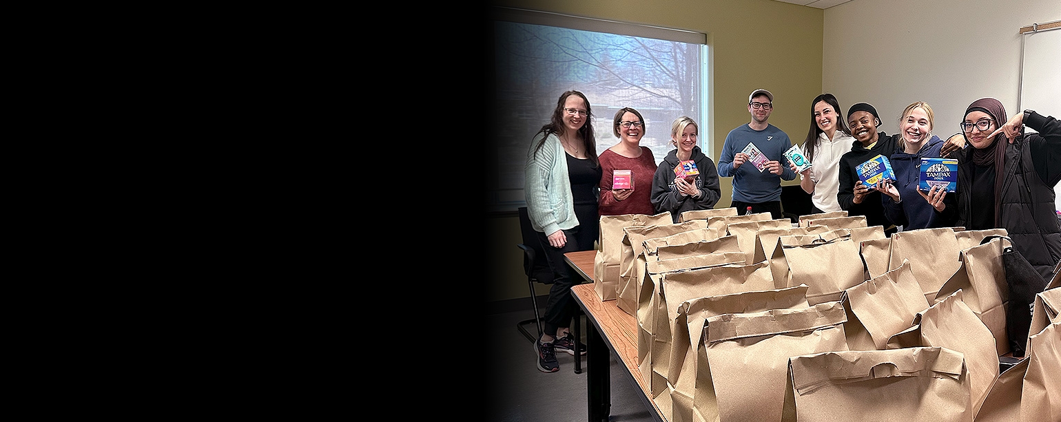 Nursing sessional instructor Katherine Beaumont and third-year students prepare personal care product donations