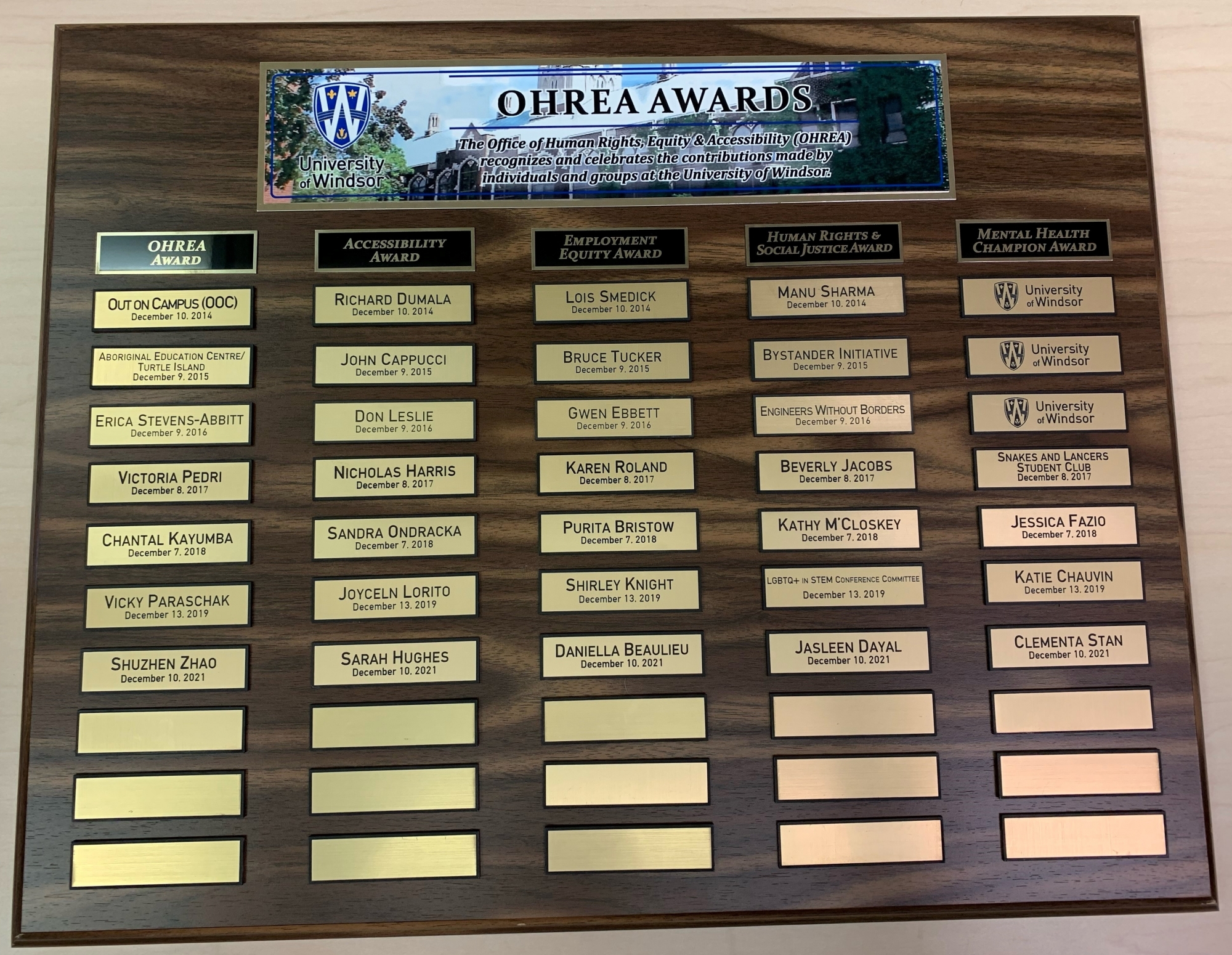 OHREA Awards plaque with previous winners names under each category