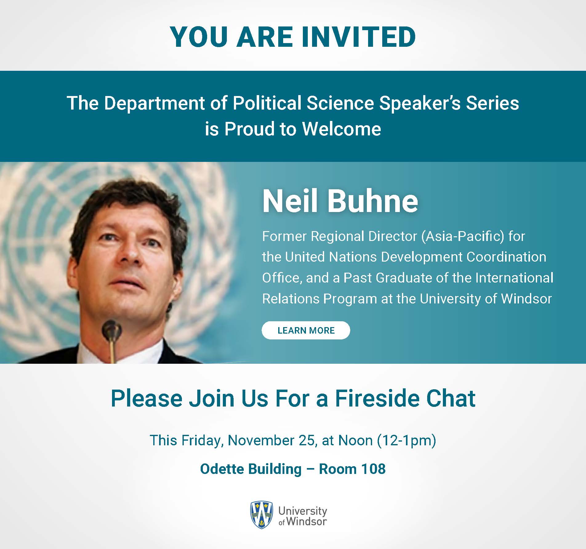 flyer for Neil Buhne fireside chat