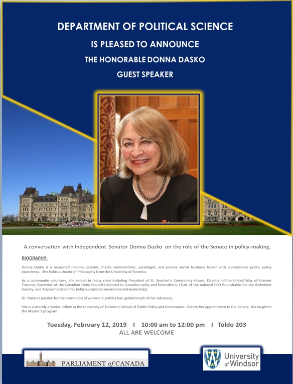 Guest Speaker - The Honorable Donna Dasko - February 12, 2019 at 10:00 am in Toldo, Room 203