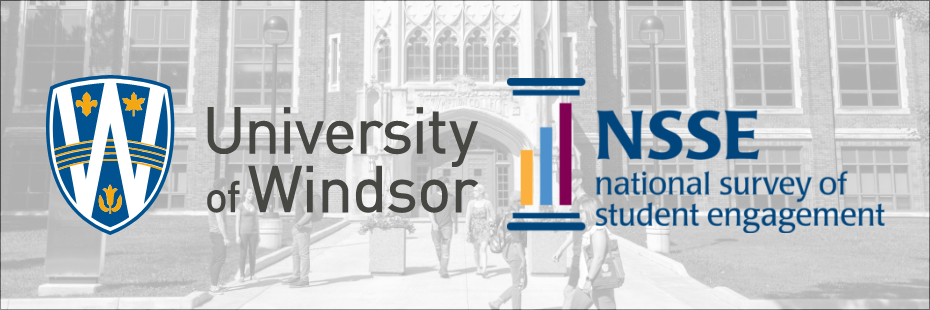 Banner image of University of Windsor logo and National Survey of Student Engagement (NSSE) logo with background image of students walking on campus