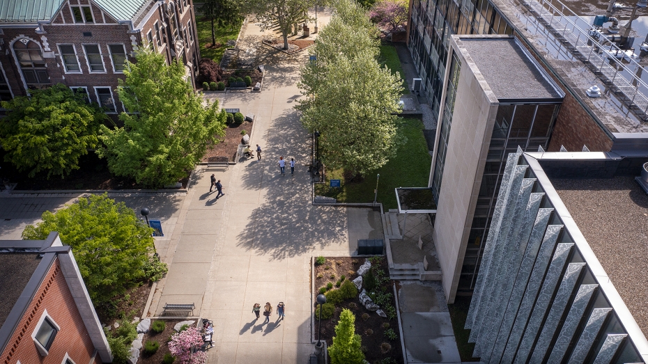 Students, faculty and staff walk through the University of Windsor campus in this aerial photo.