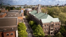 Aerial photo of Dillon Hall and the University of Windsor campus