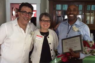 Dr. Andrew Allen of the Faculty of Education (l.), celebrates his recently received 2015 Mary Lou Dietz Equity Leadership Award with Anne Forrest, Windsor University Faculty Association President (center) and Pierre Boulos, learning specialist at the Cent