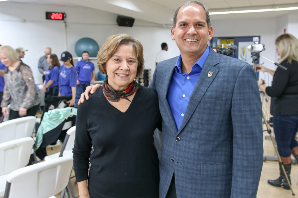 Nancy Wallace-Gero, Executive Director of Community Living Essex County and Michael Khan, Dean of the Faculty of Kinesiology, are pictured at the kickoff of Fit Together on Wednesday, Dec. 5, 2017.