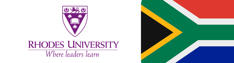 Rhodes university logo and South Africa flag