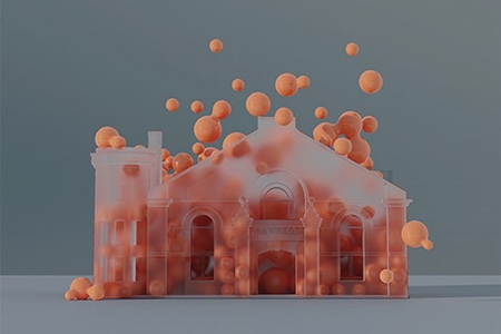 3-D printed image of the SoCA Armouries filled with balloons