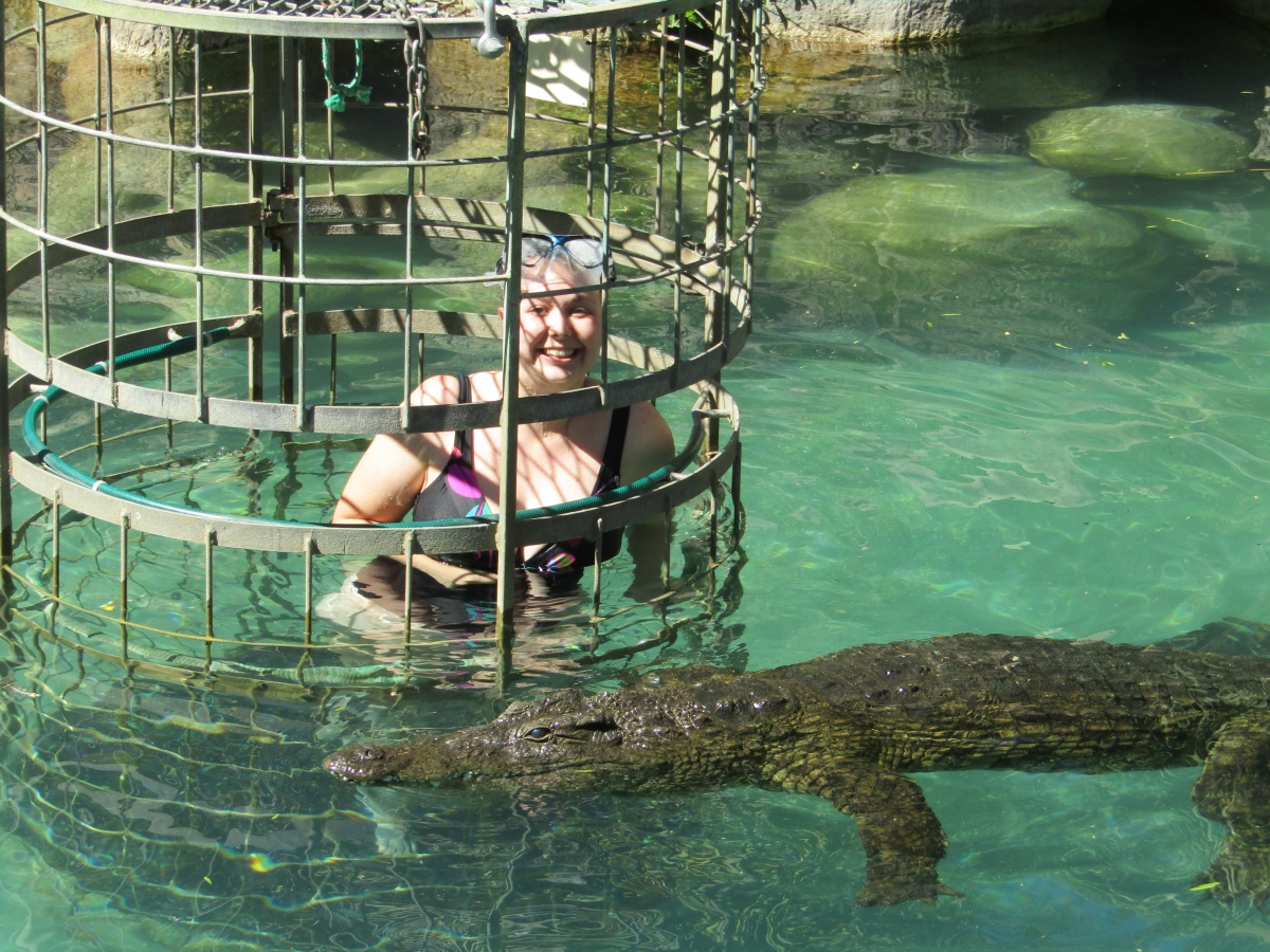 Caroline Voyer swimming with the crocodiles.