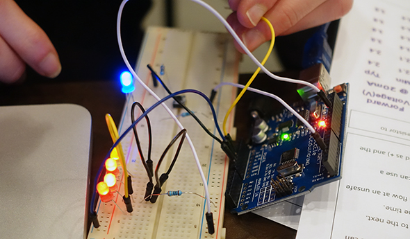 detail of arduino board wires and lights