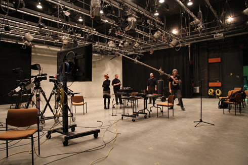 interior of the Studio A performance space with members of the Noiseborder Ensemble