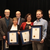 The University of Windsor received the Lieutenant Governor’s Ontario Heritage Award for Excellence in Conservation, Feb. 22 at Queen’s Park. From left: Robert Balicsak, principal at Colliers Project Leaders; Lieutenant Governor Elizabeth Dowdeswell; architect Craig Goodman; Harvey McCue, chair of the Ontario Heritage Trust; and John Coleman, UWindsor director of public affairs and communications. Photo by Ian Crysler.