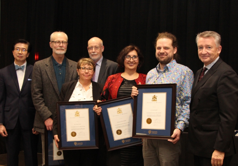 The University of Windsor received the Lieutenant Governor’s Ontario Heritage Award for Excellence in Conservation, Feb. 22 at Queen’s Park. From left: Robert Balicsak, principal at Colliers Project Leaders; Lieutenant Governor Elizabeth Dowdeswell; architect Craig Goodman; Harvey McCue, chair of the Ontario Heritage Trust; and John Coleman, UWindsor director of public affairs and communications. Photo by Ian Crysler.