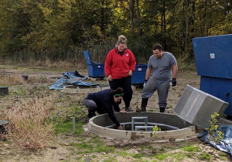 Watershed research technicians Mackenzie Porter and Samantha Dundas of the Essex Region Conservation Authority and biochemistry student Dave Ure clear a biofilter at the Lebo Creek Wetland.