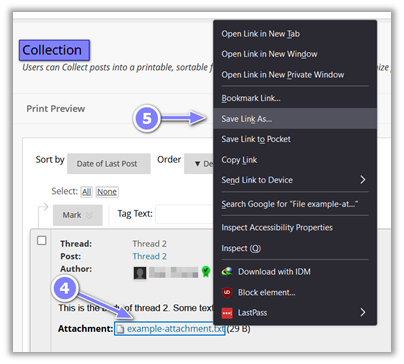 steps 4 and 5 arrows pointing to the attachment link and save link as on context menu